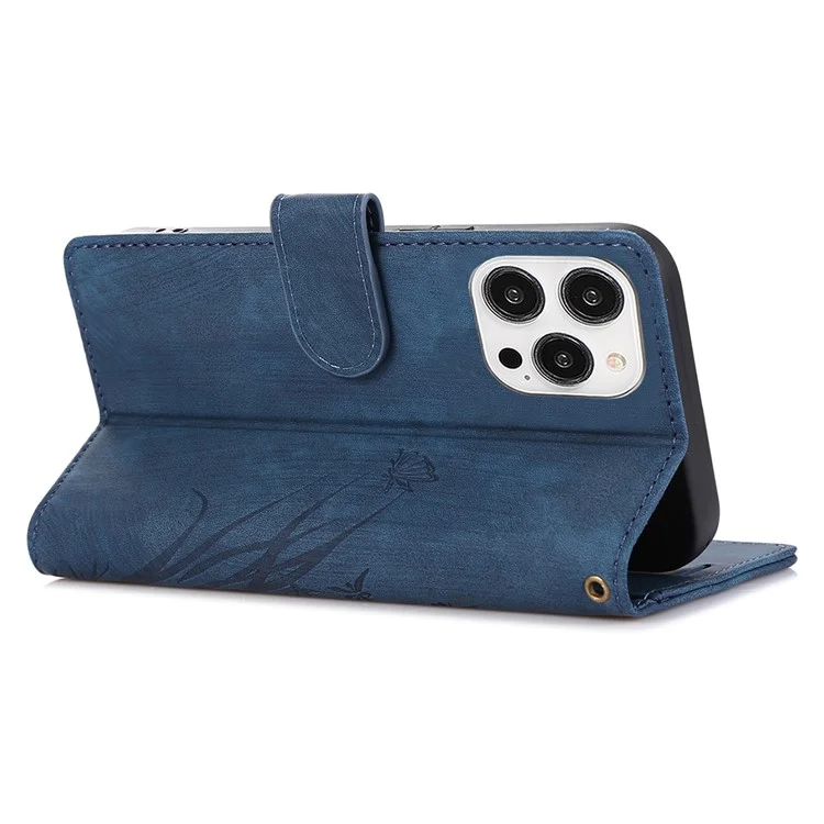 For iPhone 15 Pro Leather Flip Cover Orchid Butterfly Wallet Case with Strap - Blue