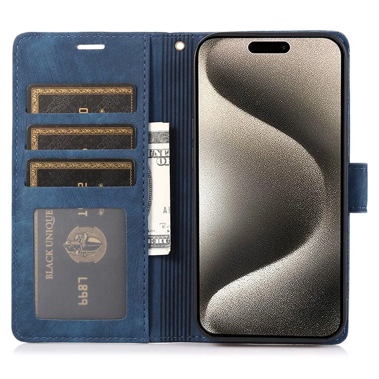 For iPhone 15 Pro Leather Flip Cover Orchid Butterfly Wallet Case with Strap - Blue