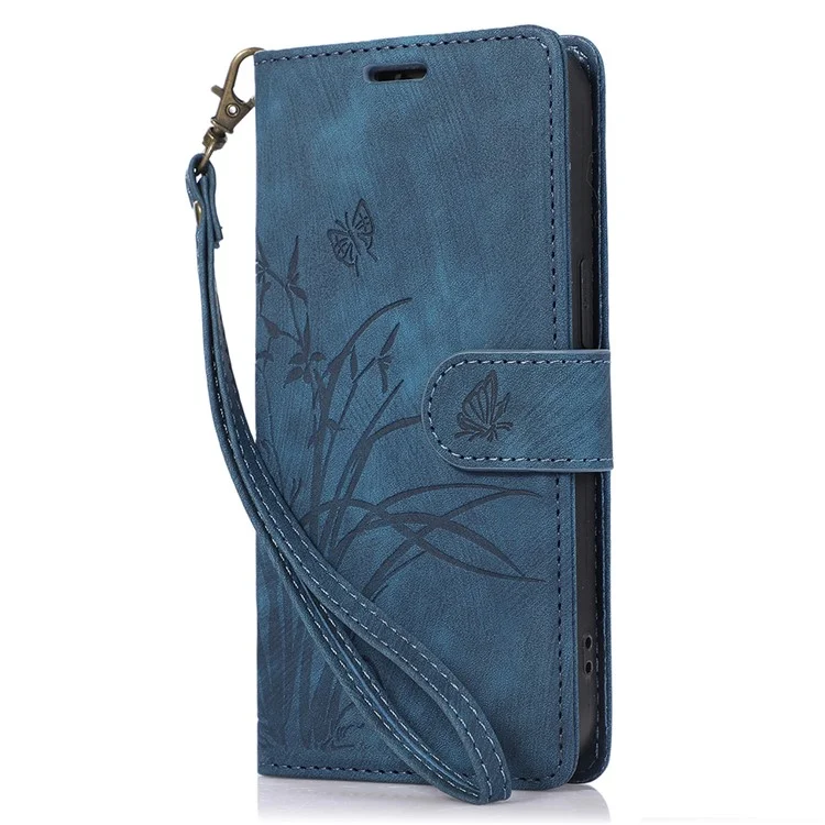 For iPhone 15 Pro Leather Flip Cover Orchid Butterfly Wallet Case with Strap - Blue