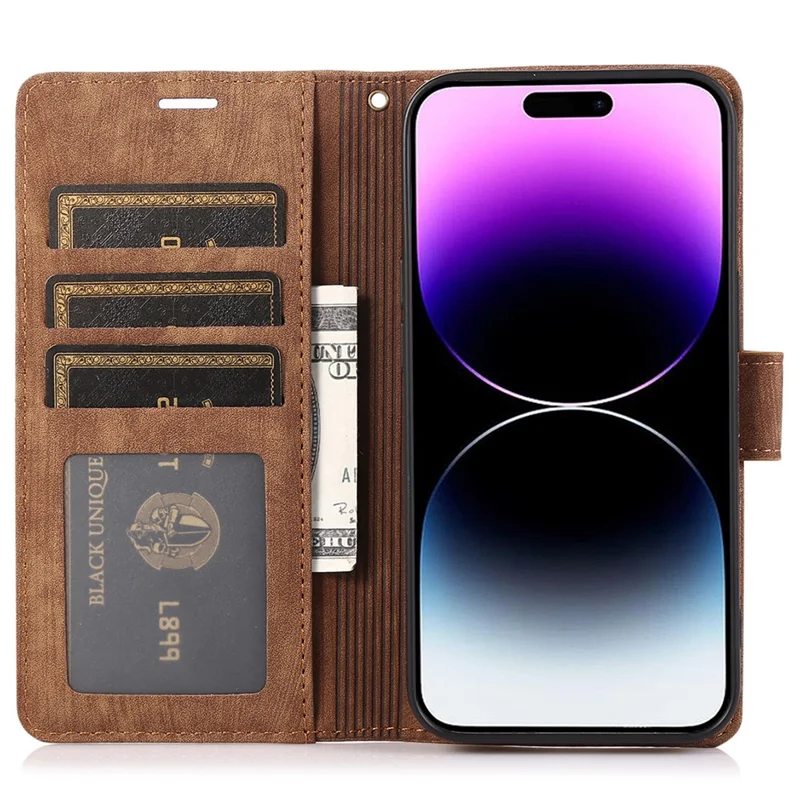 Für iPhone 14 Pro Max Leder-Wallet-Hülle mit Handschlaufe Orchideen-Schmetterlingsmuster - Braun