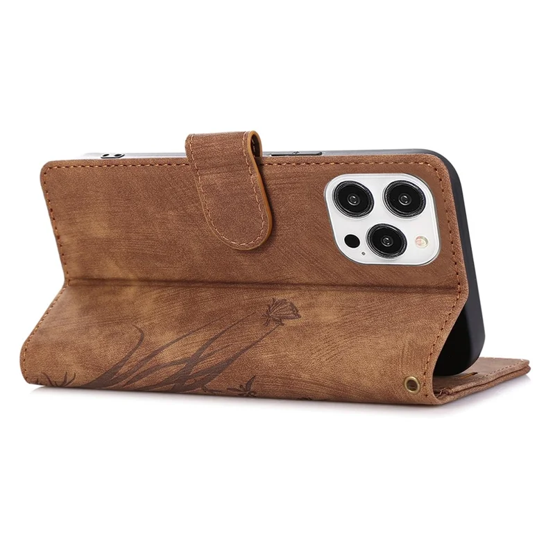 Für iPhone 14 Pro Max Leder-Wallet-Hülle mit Handschlaufe Orchideen-Schmetterlingsmuster - Braun