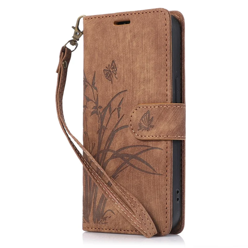 Für iPhone 14 Pro Max Leder-Wallet-Hülle mit Handschlaufe Orchideen-Schmetterlingsmuster - Braun