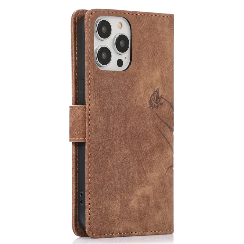 Für iPhone 14 Pro Max Leder-Wallet-Hülle mit Handschlaufe Orchideen-Schmetterlingsmuster - Braun