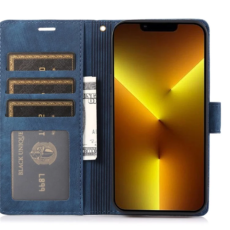 Wallet Stand Cover for iPhone 13 Pro Max Leather Case with Wrist Strap - Blue