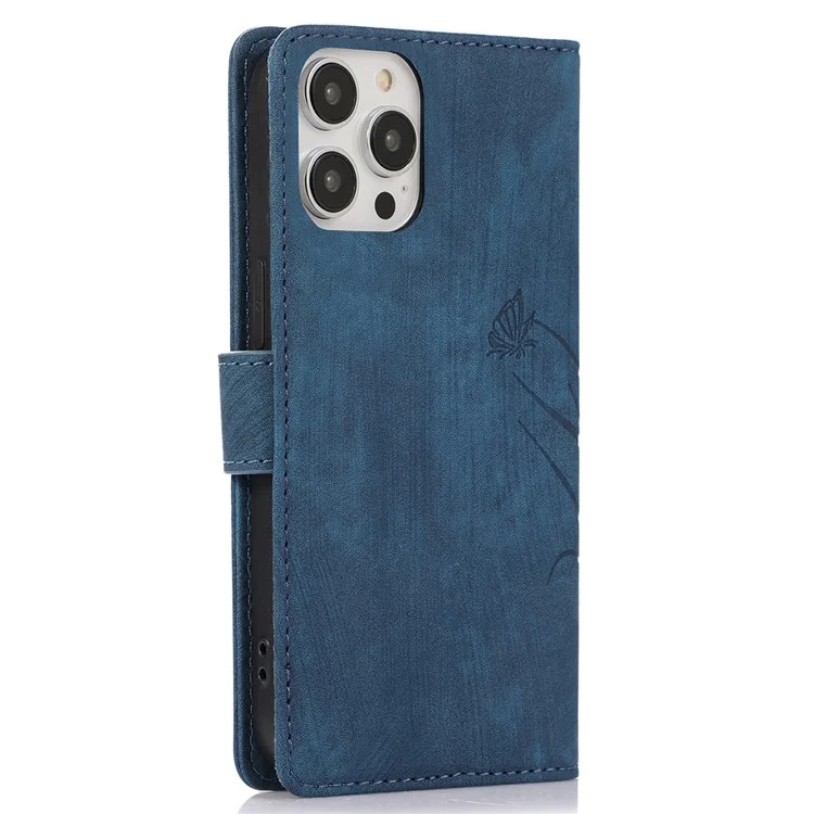 Wallet Stand Cover for iPhone 13 Pro Max Leather Case with Wrist Strap - Blue