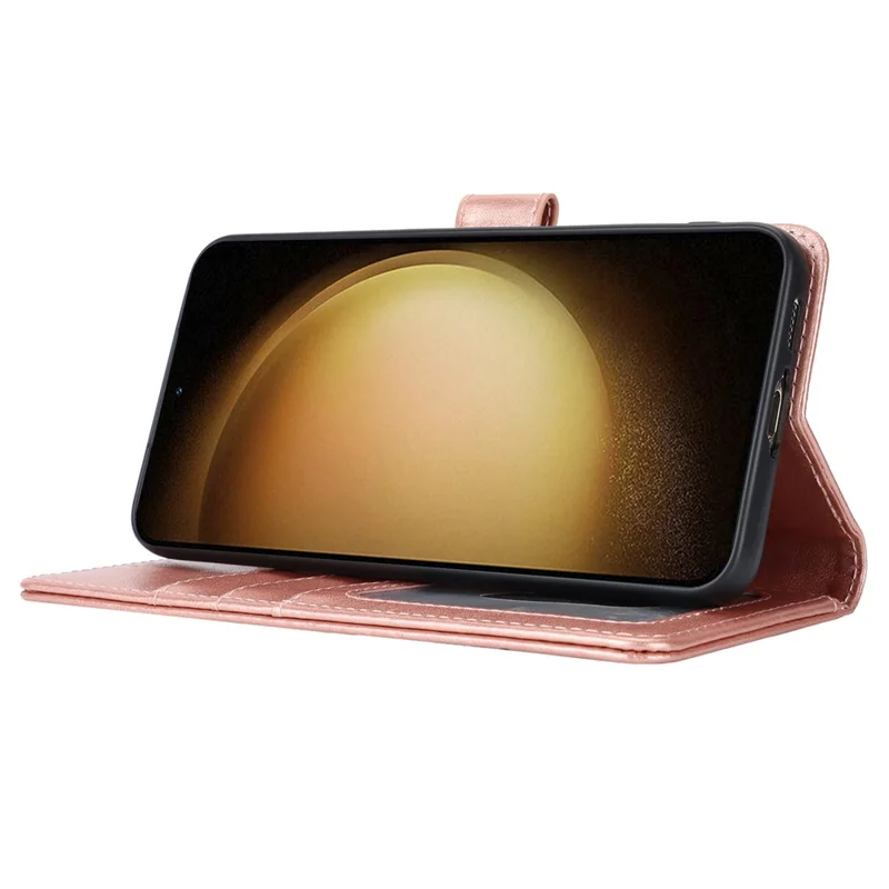 For Samsung Galaxy S23 Cell Phone Case R61 Texture PU Leather Wallet Stand Protective Cover - Rose Gold
