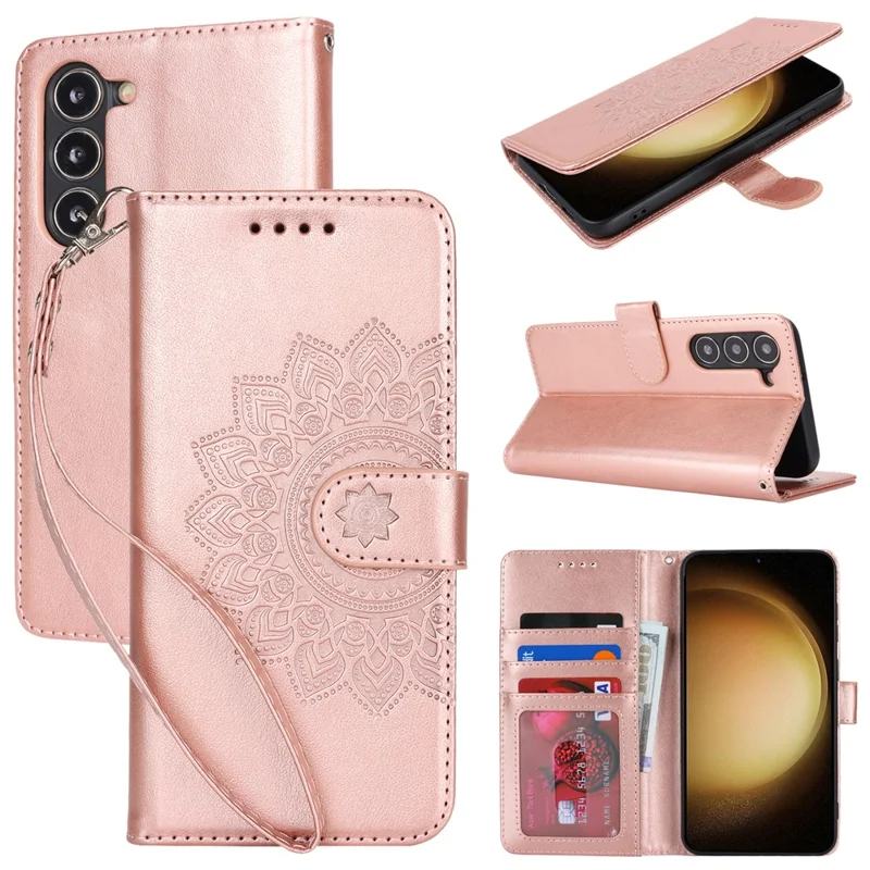For Samsung Galaxy S23 Cell Phone Case R61 Texture PU Leather Wallet Stand Protective Cover - Rose Gold
