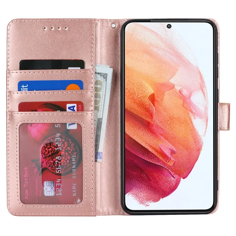 Per Samsung Galaxy S21 5G / 4G Cover R61 Texture Leather Stand Shockproof Imprinted Cell Phone Case - Rose Gold