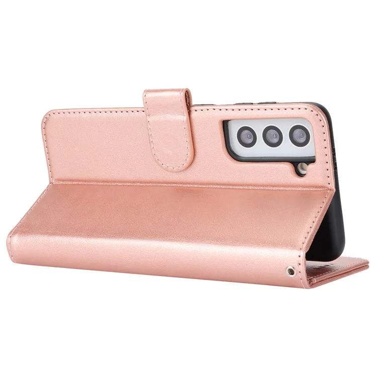 Per Samsung Galaxy S21 5G / 4G Cover R61 Texture Leather Stand Shockproof Imprinted Cell Phone Case - Rose Gold