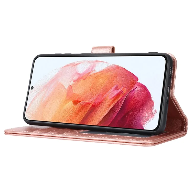 Per Samsung Galaxy S21 5G / 4G Cover R61 Texture Leather Stand Shockproof Imprinted Cell Phone Case - Rose Gold