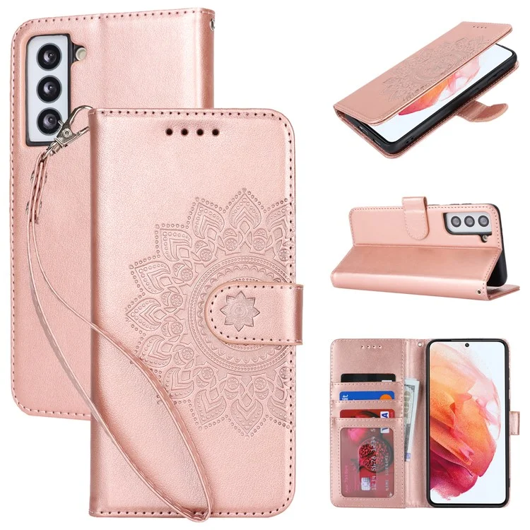 Per Samsung Galaxy S21 5G / 4G Cover R61 Texture Leather Stand Shockproof Imprinted Cell Phone Case - Rose Gold
