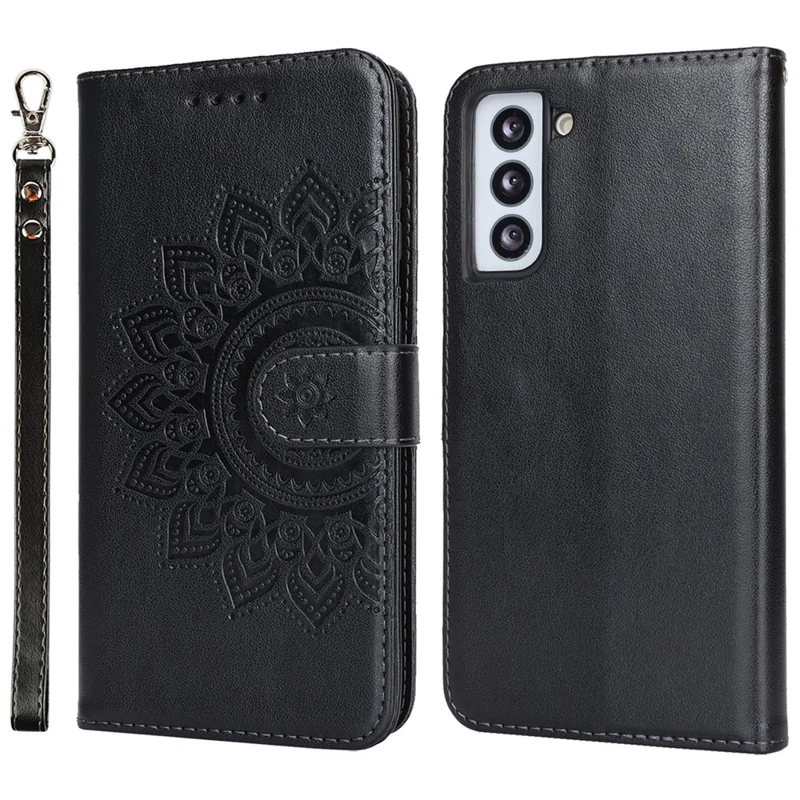 For Samsung Galaxy S21 5G / 4G Cover R61 Texture Leather Stand Shockproof Imprinted Cell Phone Case - Black