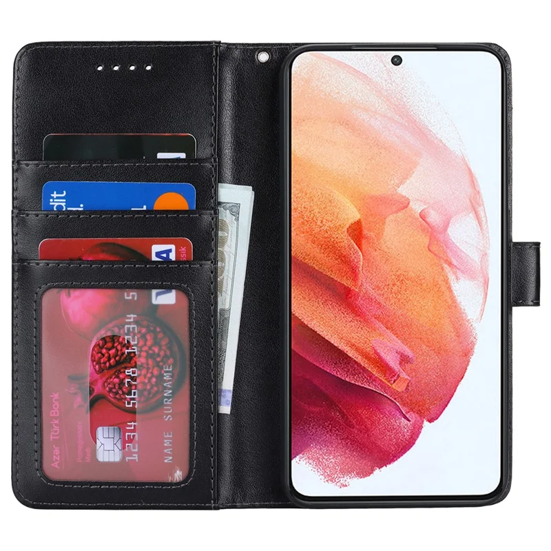 For Samsung Galaxy S21 5G / 4G Cover R61 Texture Leather Stand Shockproof Imprinted Cell Phone Case - Black
