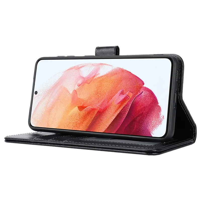 For Samsung Galaxy S21 5G / 4G Cover R61 Texture Leather Stand Shockproof Imprinted Cell Phone Case - Black