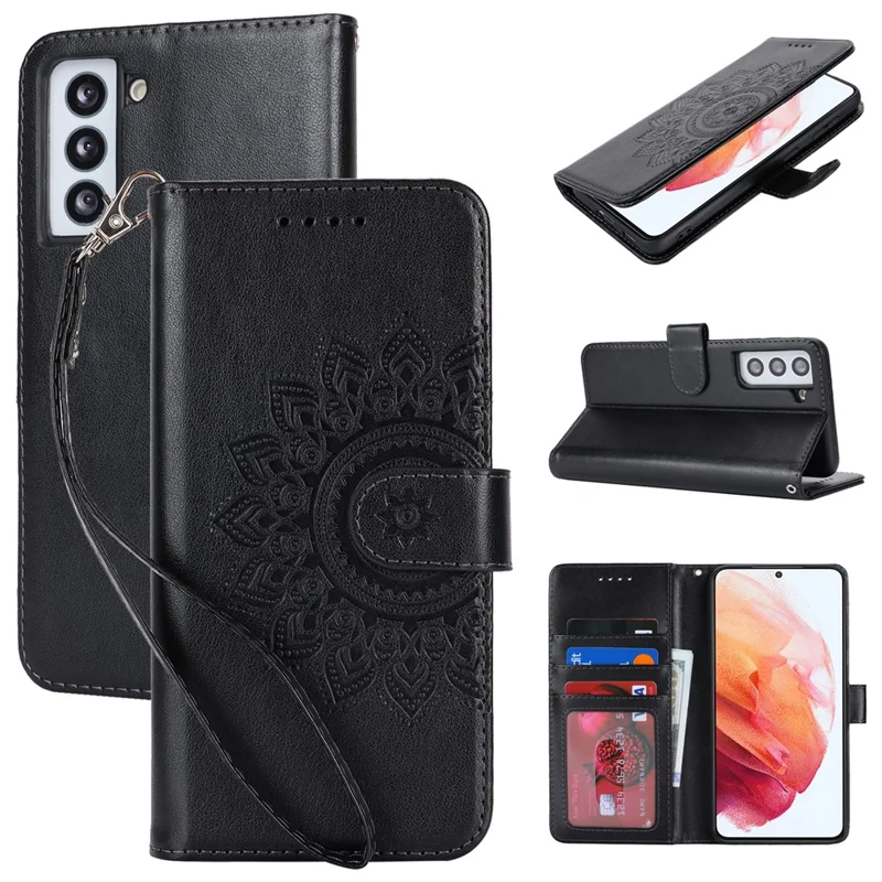 For Samsung Galaxy S21 5G / 4G Cover R61 Texture Leather Stand Shockproof Imprinted Cell Phone Case - Black