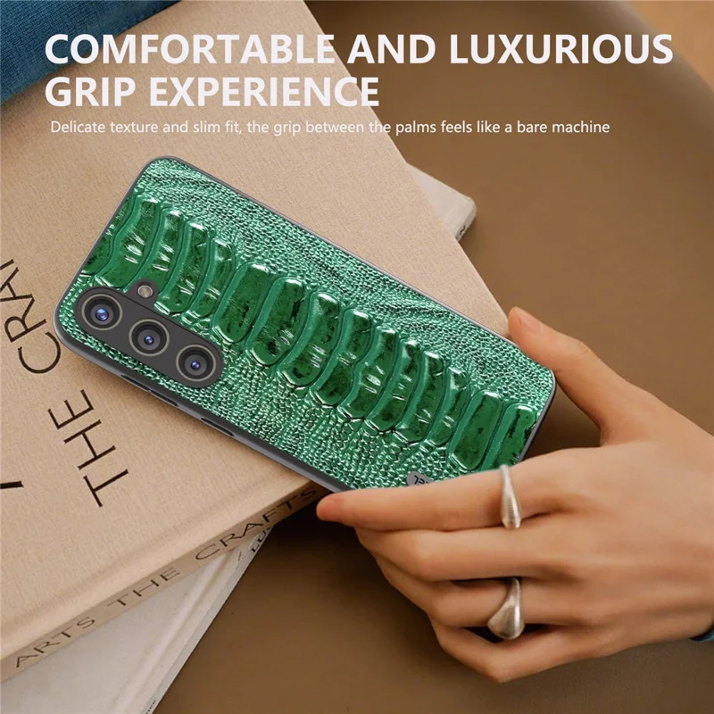 ABEEL For Samsung Galaxy S24 Phone Case Genuine Cow Leather Crocodile Texture Cover - Green