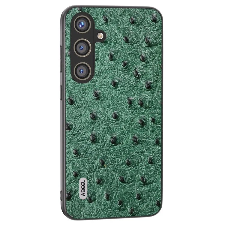 ABEEL для Samsung Galaxy S24+ Genuine Cow Leather Case Anti-slip Ostrich Pattern Phone Cover - Green
