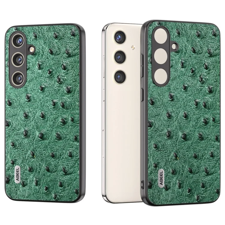 ABEEL для Samsung Galaxy S24+ Genuine Cow Leather Case Anti-slip Ostrich Pattern Phone Cover - Green