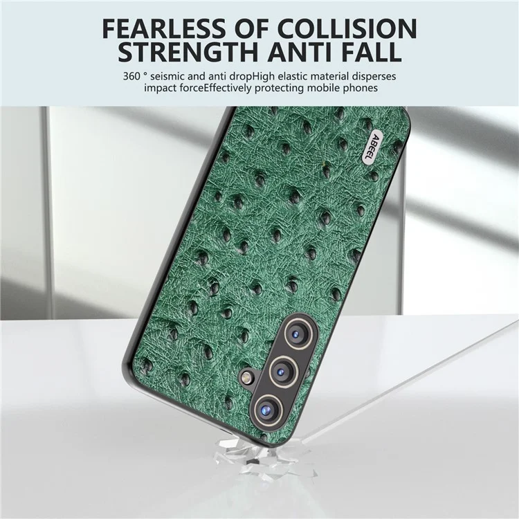 ABEEL для Samsung Galaxy S24+ Genuine Cow Leather Case Anti-slip Ostrich Pattern Phone Cover - Green