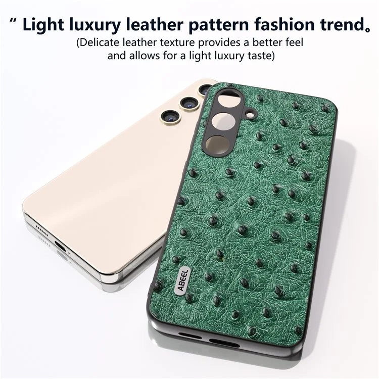 ABEEL для Samsung Galaxy S24+ Genuine Cow Leather Case Anti-slip Ostrich Pattern Phone Cover - Green