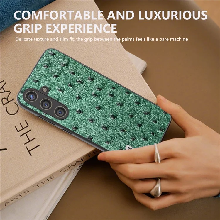 ABEEL для Samsung Galaxy S24+ Genuine Cow Leather Case Anti-slip Ostrich Pattern Phone Cover - Green