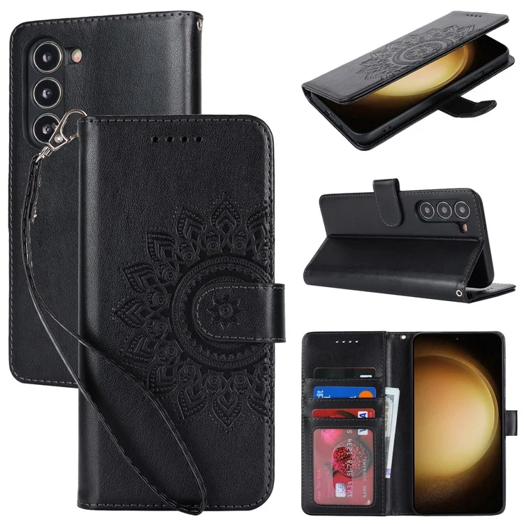 Per Samsung Galaxy S23+ Case R61 Texture Flower Imprinted PU Leather Phone Cover con Wallet Stand - Nero