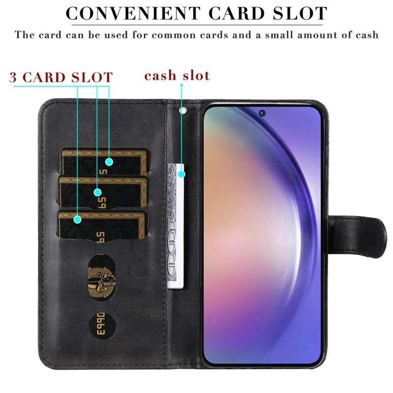 For Samsung Galaxy A55 5G Case Wallet Stand Calf Texture Phone Protector with Magnetic Flap - Black