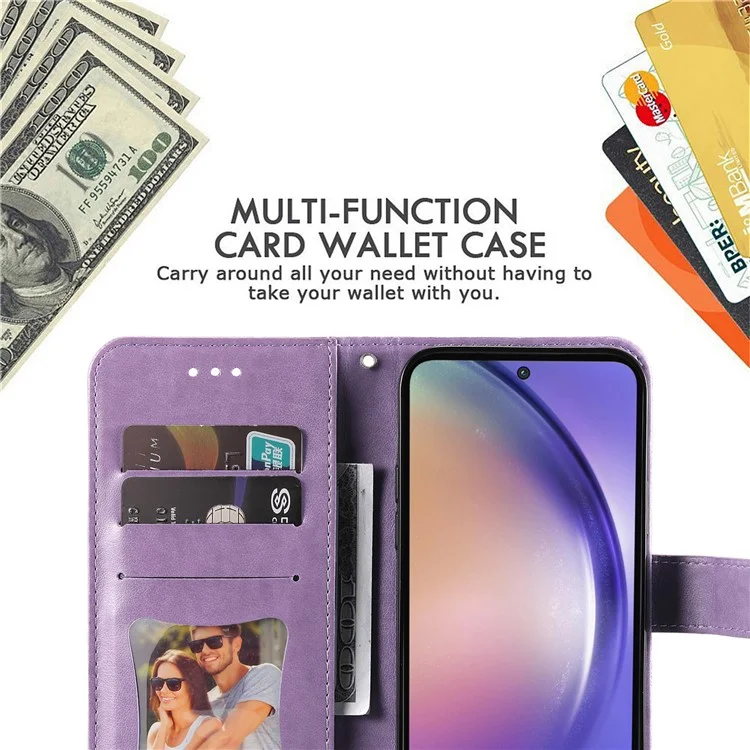 For Samsung Galaxy A55 5G Case Floral Pattern PU Leather Wallet Stand Phone Cover - Purple