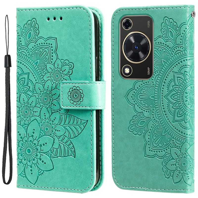 Futerał na Huawei Enjoy 70 4G / nova Y72 4G z motywem kwiatowym, portfel z paskiem do ręki, pokrowiec z poliuretanowej skóry - zielony