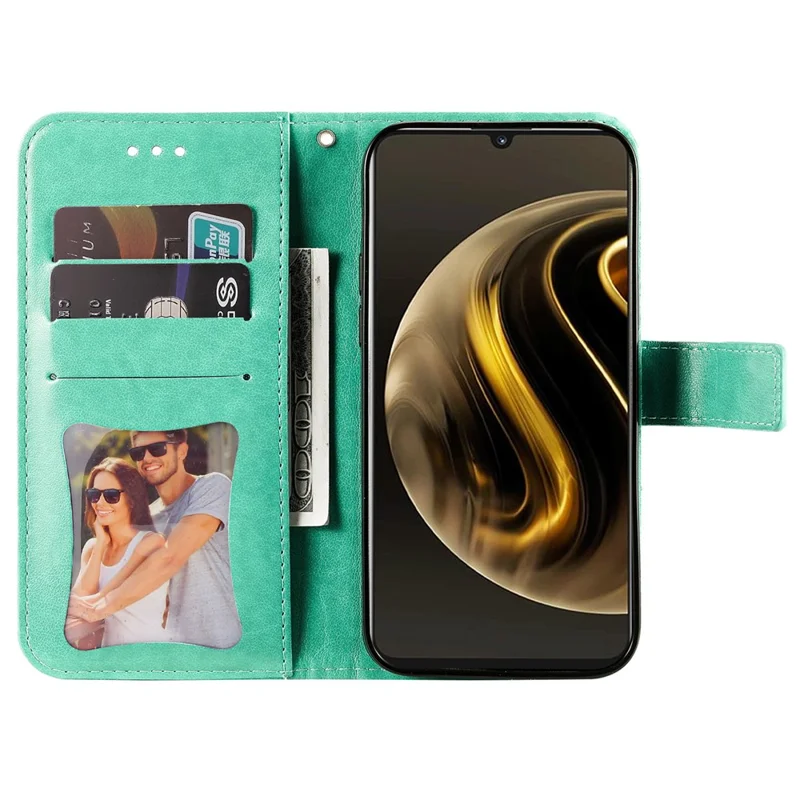 Futerał na Huawei Enjoy 70 4G / nova Y72 4G z motywem kwiatowym, portfel z paskiem do ręki, pokrowiec z poliuretanowej skóry - zielony