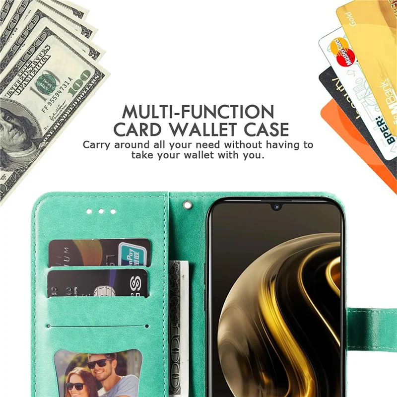 Futerał na Huawei Enjoy 70 4G / nova Y72 4G z motywem kwiatowym, portfel z paskiem do ręki, pokrowiec z poliuretanowej skóry - zielony