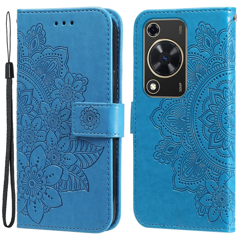 For Huawei Enjoy 70 4G / nova Y72 4G Case Floral Pattern PU Leather Wallet Stand Phone Cover - Blue