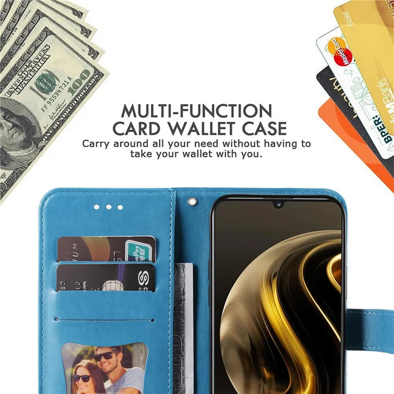 For Huawei Enjoy 70 4G / nova Y72 4G Case Floral Pattern PU Leather Wallet Stand Phone Cover - Blue