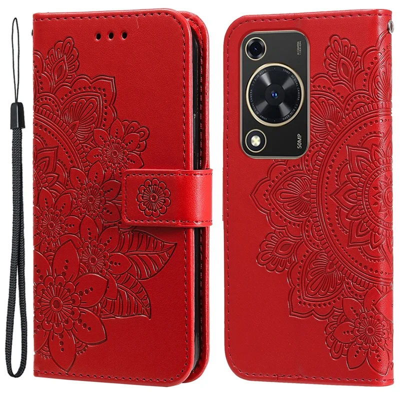 For Huawei Enjoy 70 4G / nova Y72 4G Case Floral Pattern PU Leather Wallet Stand Phone Cover - Red