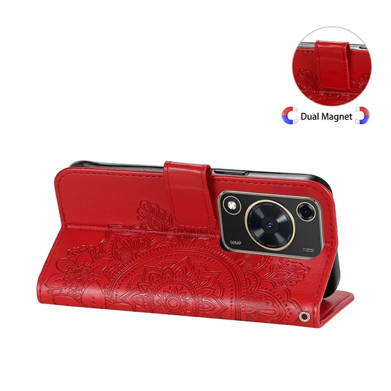 For Huawei Enjoy 70 4G / nova Y72 4G Case Floral Pattern PU Leather Wallet Stand Phone Cover - Red