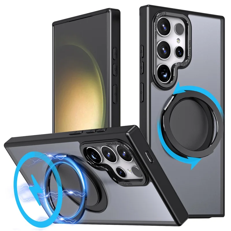 For Samsung Galaxy S23 Ultra Magnetic Phone Case Kickstand PC+TPU Cover - Black