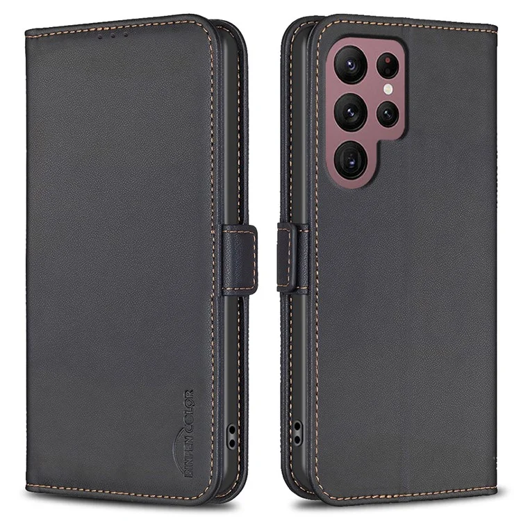 BINFEN COLOR BF31 For Samsung Galaxy S22 Ultra 5G Case with Wallet Stand PU Leather Flip Phone Cover - Black