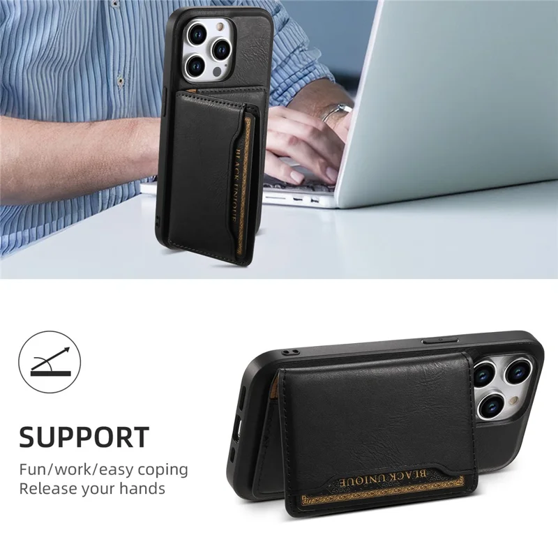 Étui magnétique pour iPhone 15 Pro DENIOR avec support Kickstand, pochette détachable pour cartes - Noir