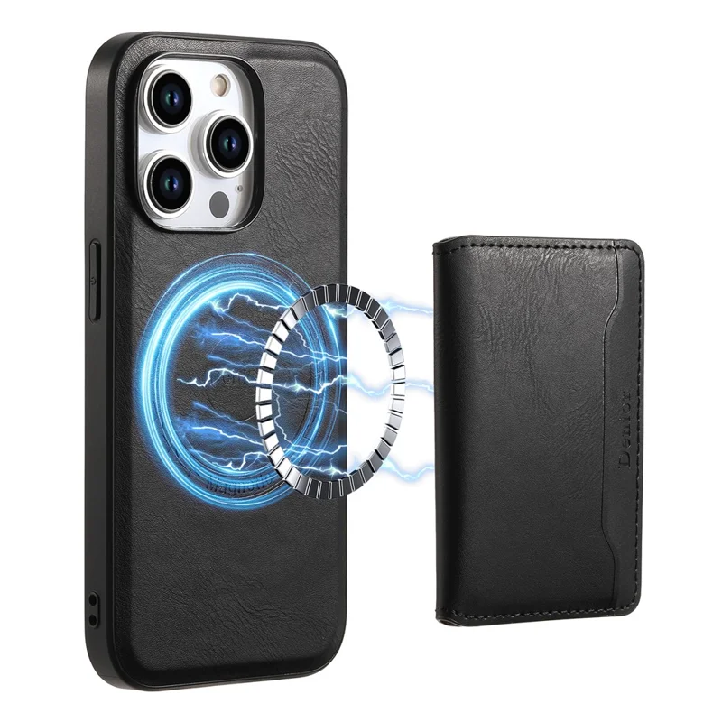 Étui magnétique pour iPhone 15 Pro DENIOR avec support Kickstand, pochette détachable pour cartes - Noir