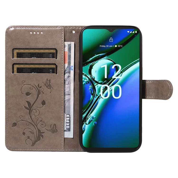 For Nokia G42 PU Leather Cases Flower Pattern Wallet Stand Phone Cover with Strap - Grey