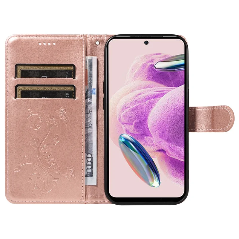For Xiaomi Redmi Note 12S 4G / Note 11 4G (Qualcomm) / Note 11S 4G PU Leather Cases Flower Pattern Wallet Stand Phone Cover with Strap - Rose Gold