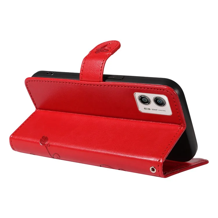 Für Motorola Moto G13 4G / G23 4G / G53 5G Brieftasche Hülle Geprägte Schmetterling Blume PU-Leder Handyhülle - Rot