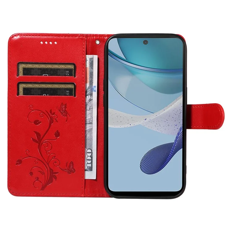 Für Motorola Moto G13 4G / G23 4G / G53 5G Brieftasche Hülle Geprägte Schmetterling Blume PU-Leder Handyhülle - Rot
