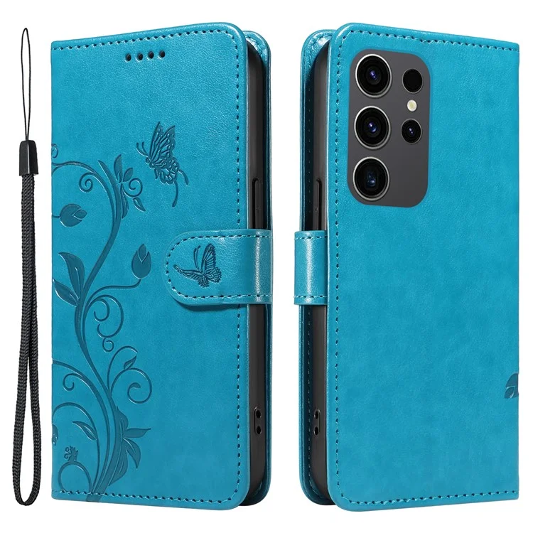 For Samsung Galaxy S24 Ultra PU Leather Cases Flower Pattern Wallet Stand Phone Cover with Strap - Blue