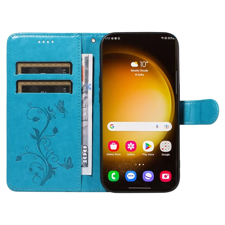 For Samsung Galaxy S24 Ultra PU Leather Cases Flower Pattern Wallet Stand Phone Cover with Strap - Blue