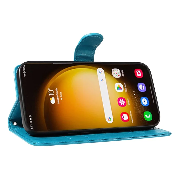 For Samsung Galaxy S24 Ultra PU Leather Cases Flower Pattern Wallet Stand Phone Cover with Strap - Blue