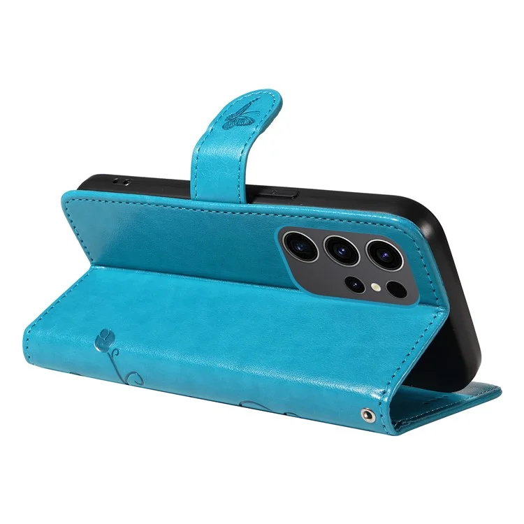 For Samsung Galaxy S24 Ultra PU Leather Cases Flower Pattern Wallet Stand Phone Cover with Strap - Blue