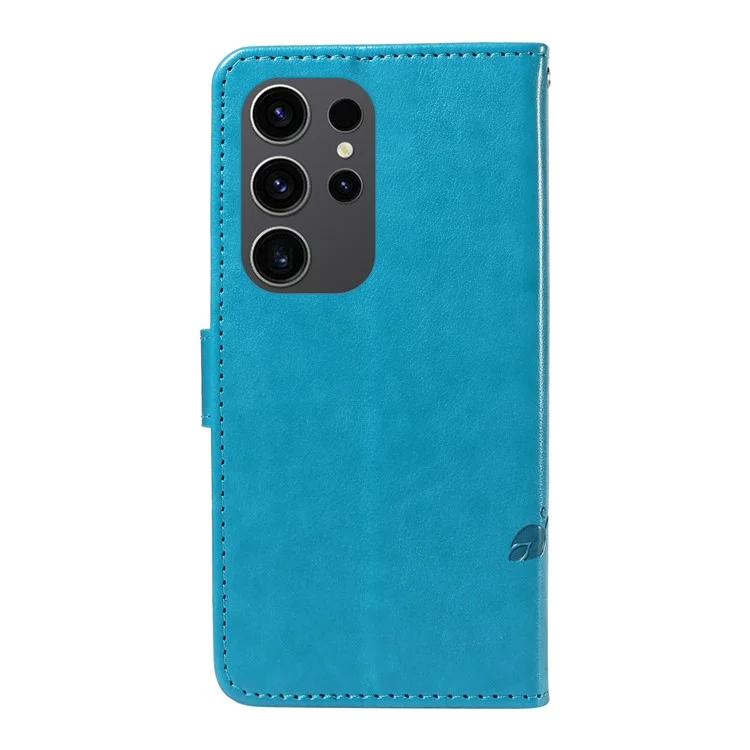 For Samsung Galaxy S24 Ultra PU Leather Cases Flower Pattern Wallet Stand Phone Cover with Strap - Blue
