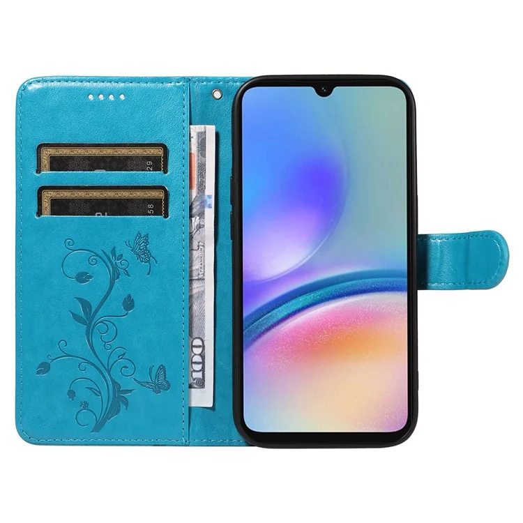 For Samsung Galaxy A05s 4G PU Leather Cases Flower Pattern Wallet Stand Phone Cover with Strap - Blue