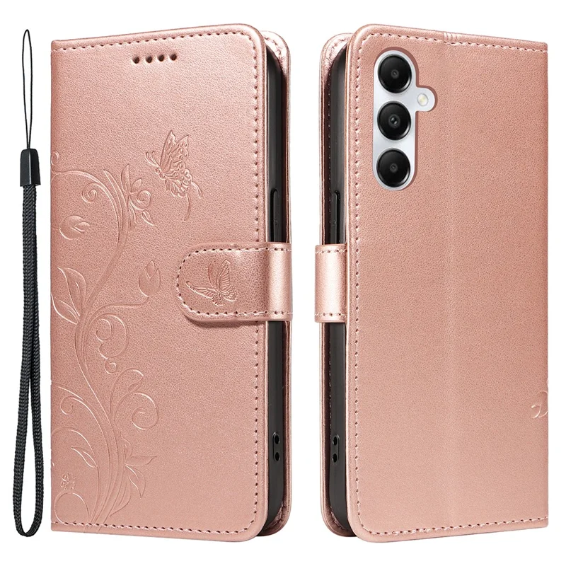 For Samsung Galaxy A05s 4G PU Leather Cases Flower Pattern Wallet Stand Phone Cover with Strap - Rose Gold